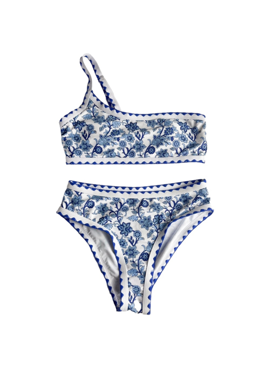 Unbranded Other - Blue White Floral One Shoulder Bikini Set Womens Sz M greek coastal cottagecore